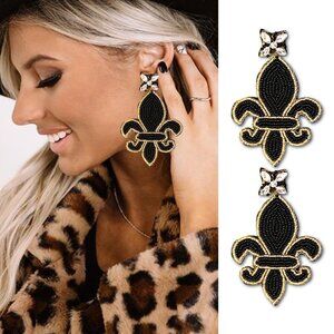 New Orleans Saints Mardi Gras Fleur De Lis Large Beaded Crystal Earrings NEW